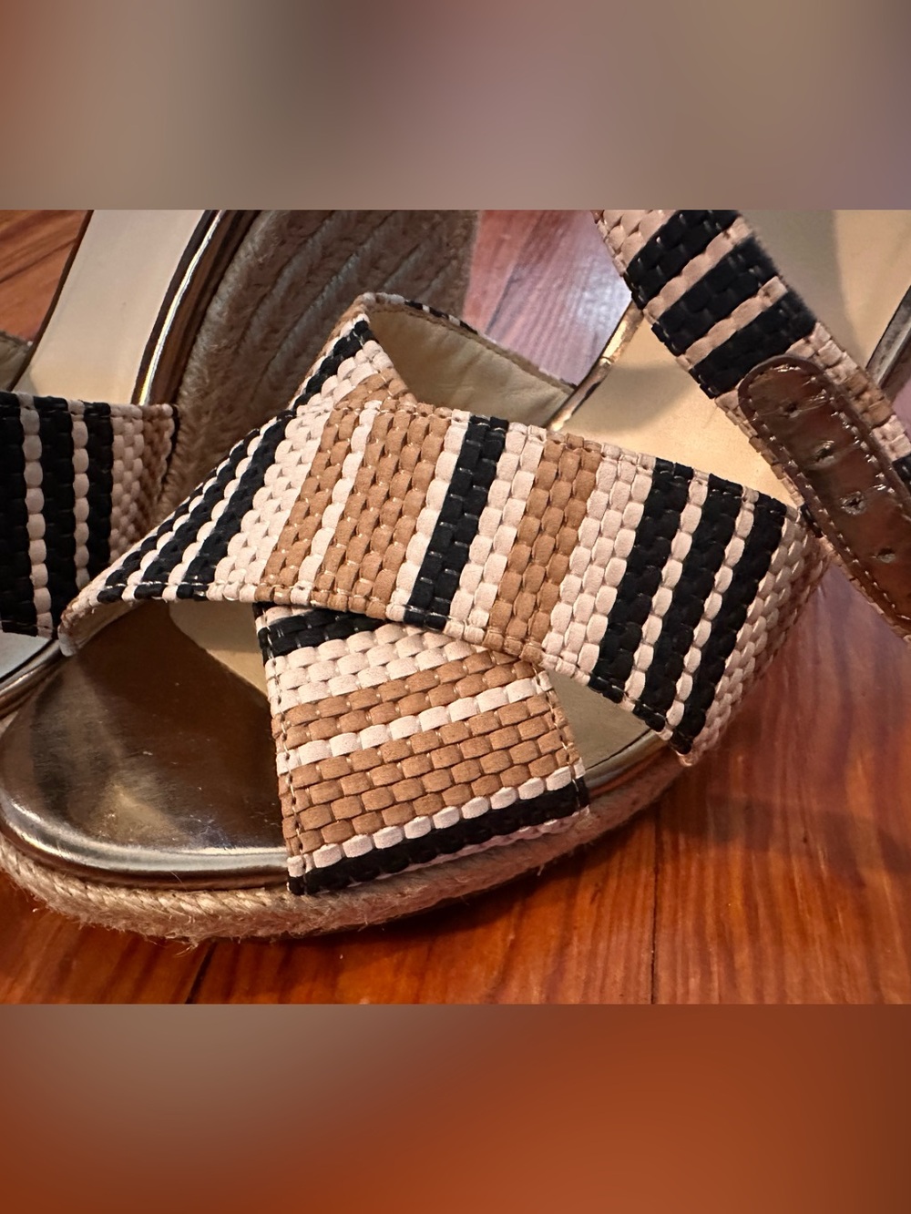 Cole Haan Espadrille Wedge Sandals 7B | Woven Raffia Stripe Bow Ankle Strap - Picture 4 of 8